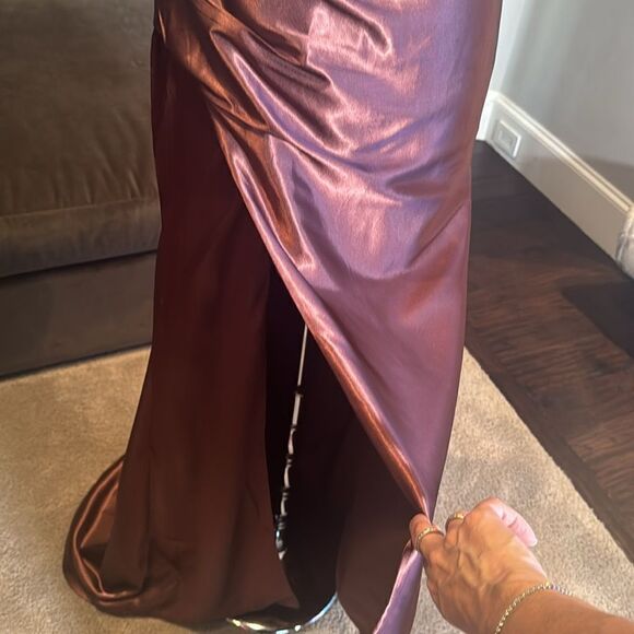 Women’s Brown Full Length Prom Party Dress Criss Cross Straps Leg Slit Size 6 - Picture 4 of 14